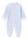 GT10 baby romper in light blue with white cuffs, shown flat on a white background, back view.