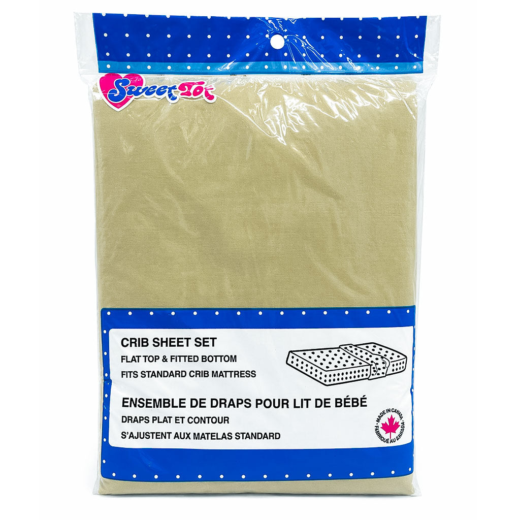 Olive green crib sheet set in packaging, fits standard crib mattress, includes flat and fitted sheets.