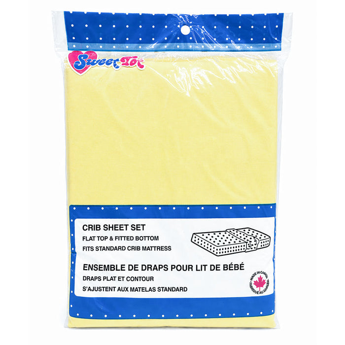 Yellow percale crib sheet set in packaging, flat and fitted sheets for standard crib mattress