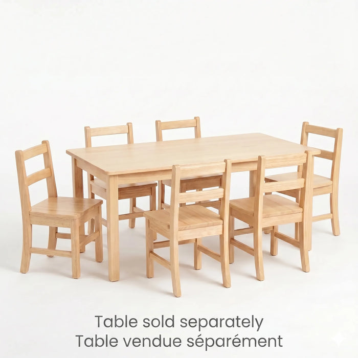 A high-quality product photo of a solid wood rectangular kids activity table with six matching chairs. Bilingual text at the bottom states: "Table sold separately / Table vendue séparément"