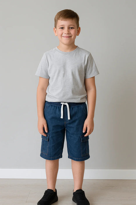 Green Jeans® - Green Jeans® Boys' Blue Denim Cargo Shorts with White Drawstring (7-16)