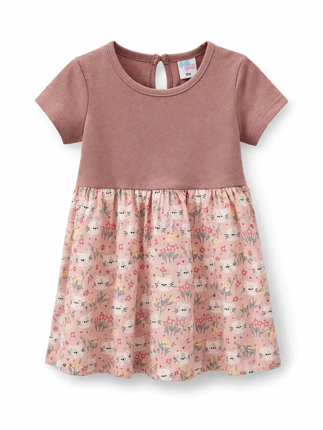 Guili Guili Rose Elegance baby dress with short sleeves and pink floral-patterned skirt on white background.