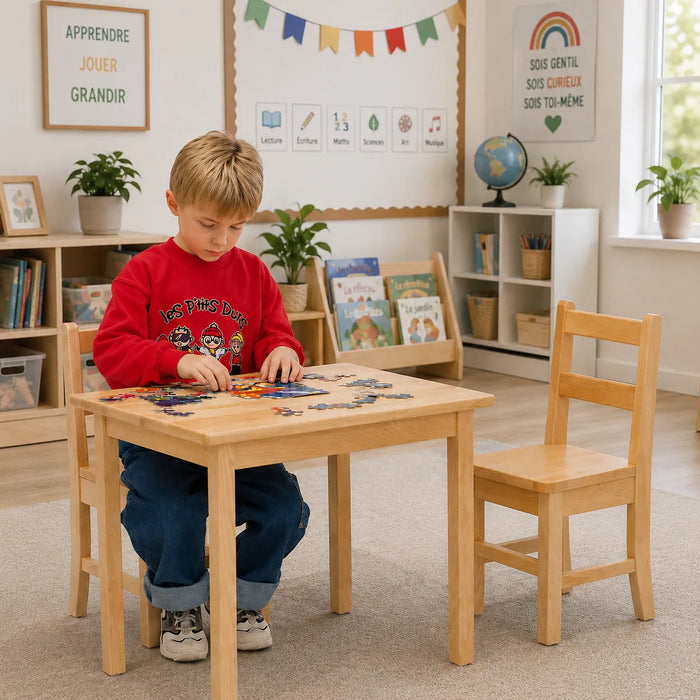 Child playing with a puzzle at a solid wooden table with chairs in a classroom setting - Goldtex