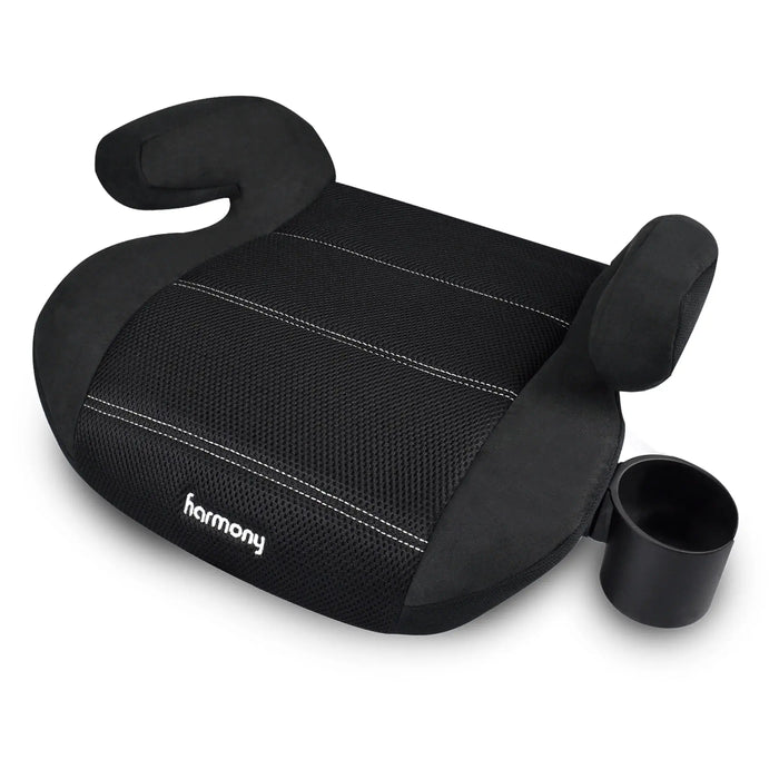 Harmony Dreamtime Elite high back booster car seat in black with cup holder on white background.