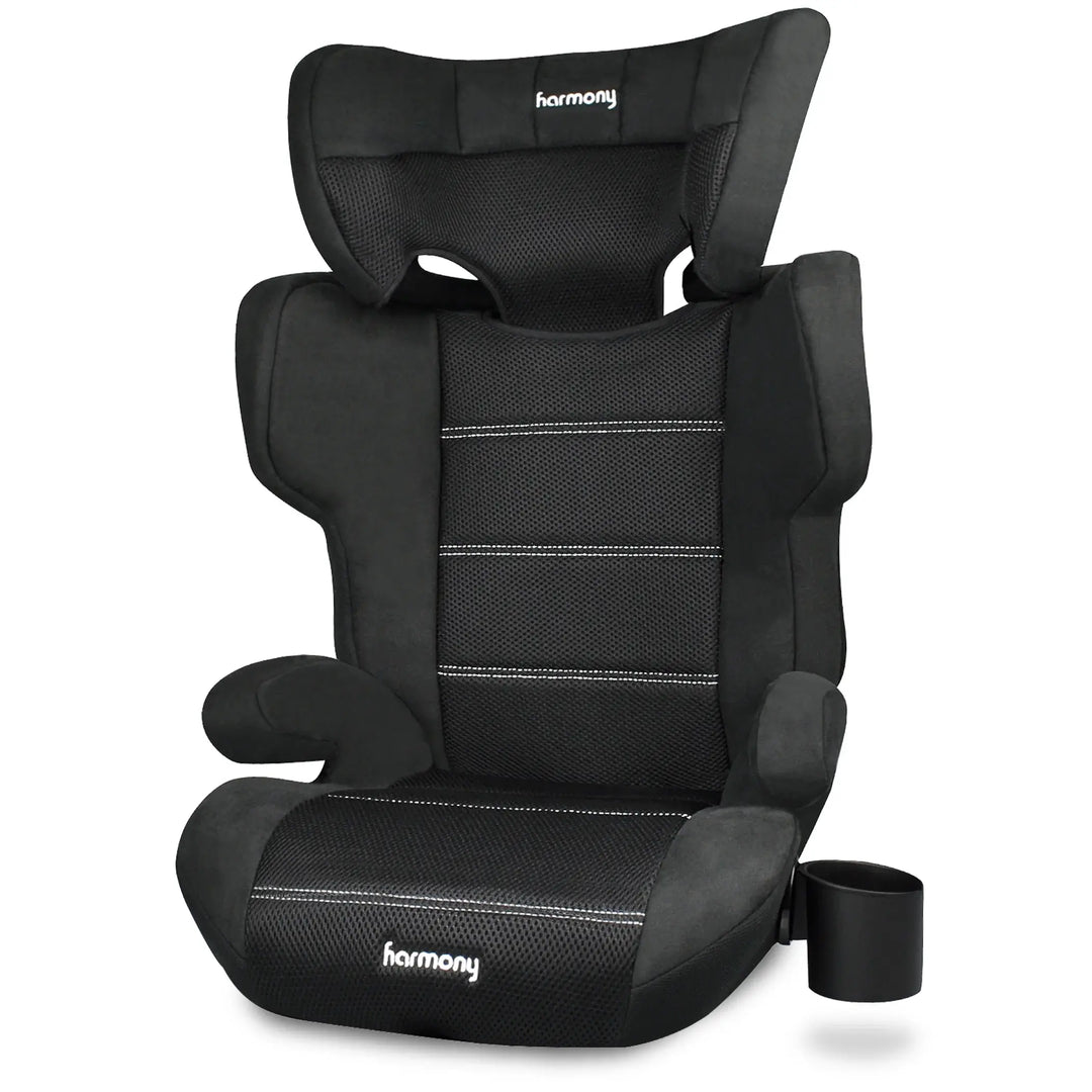 Harmony Dreamtime Elite high back booster car seat in black with cup holder shown on a white background.