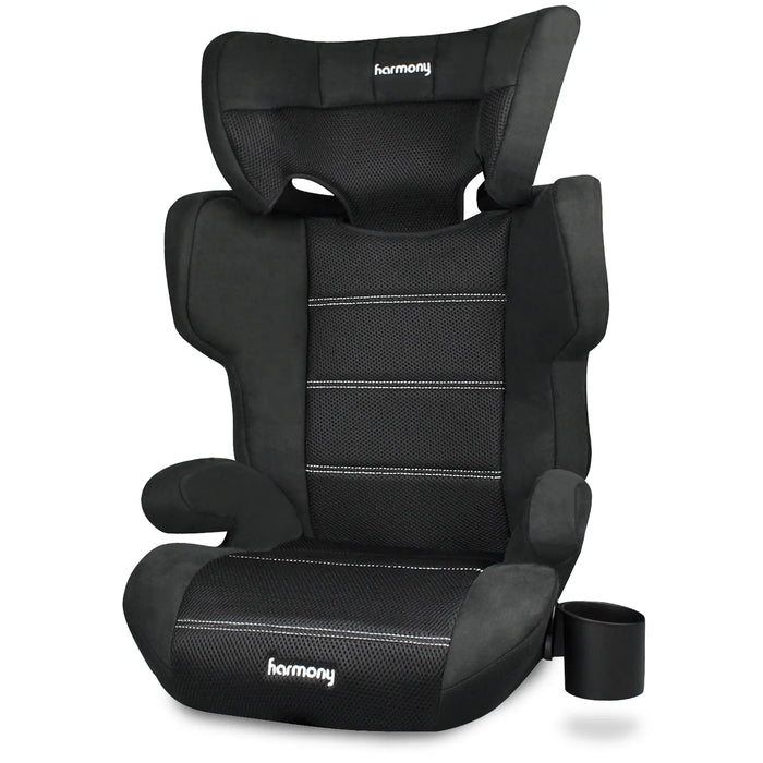 Harmony Dreamtime Elite high back booster car seat in black with cup holder shown on a white background.