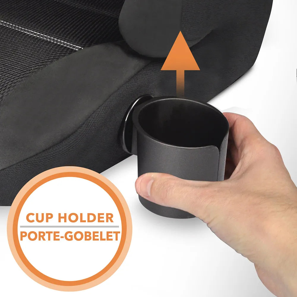 Harmony Dreamtime Elite High Back Booster car seat with a removable cup holder being attached by hand.