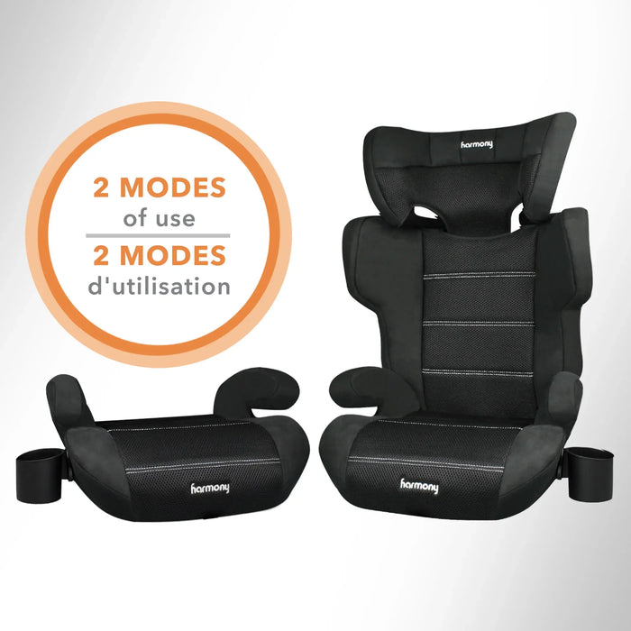 Harmony Dreamtime Elite high back booster car seat shown in two configurations on a white background.