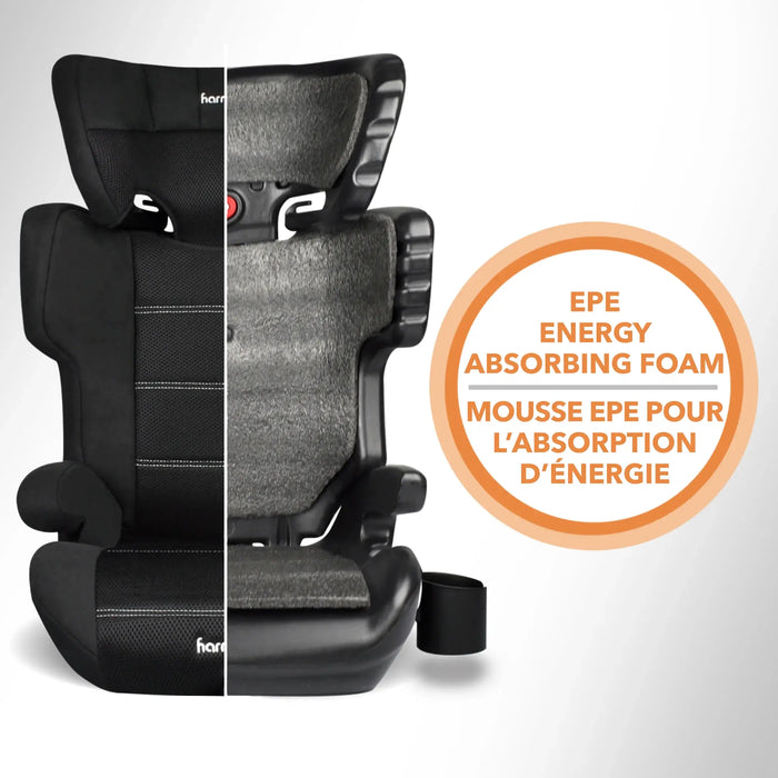 Harmony Dreamtime Elite high back booster car seat shown with energy absorbing foam cross-section.