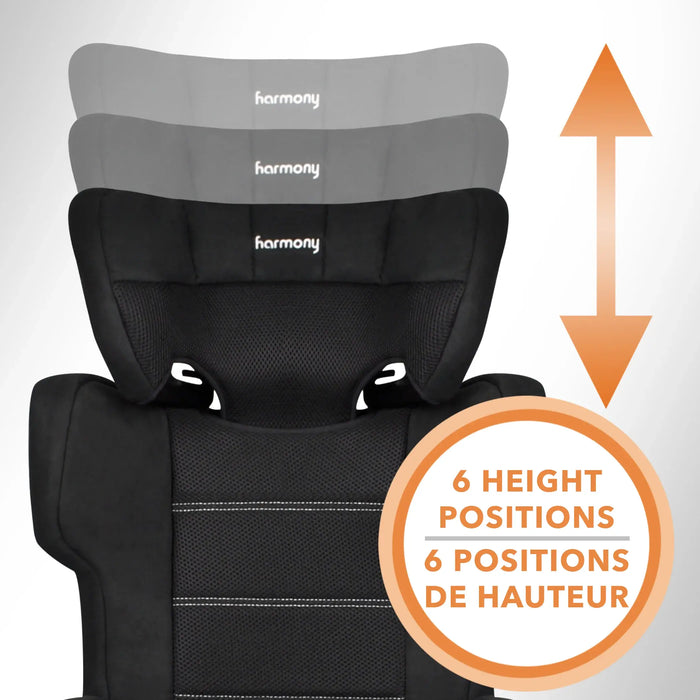Harmony Dreamtime Elite high back booster car seat with adjustable headrest shown in six height positions.