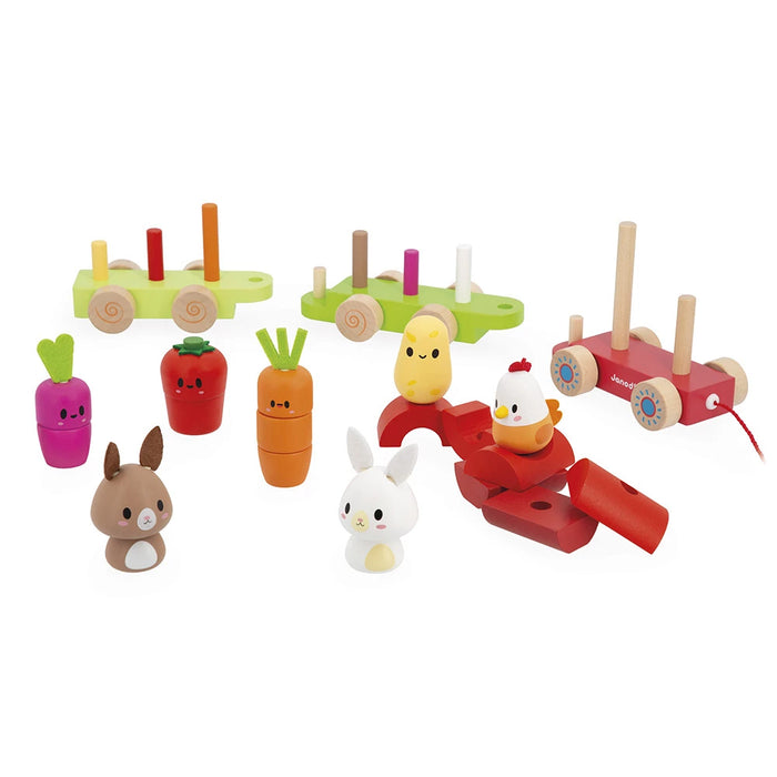 Janod Farm Pull-Along Train – Wooden Farm Toy for Toddlers (19 Pieces) 12M+