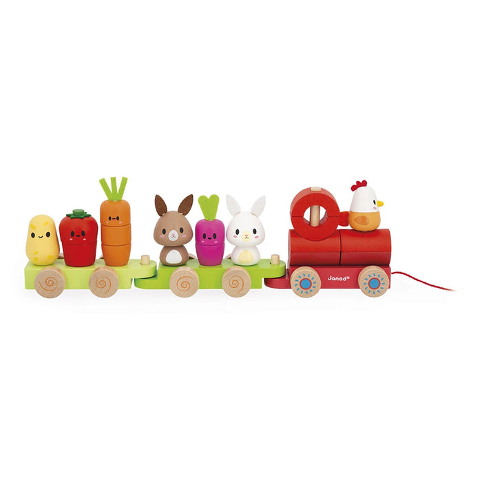 Janod Farm Pull-Along Train – Wooden Farm Toy for Toddlers (19 Pieces) 12M+
