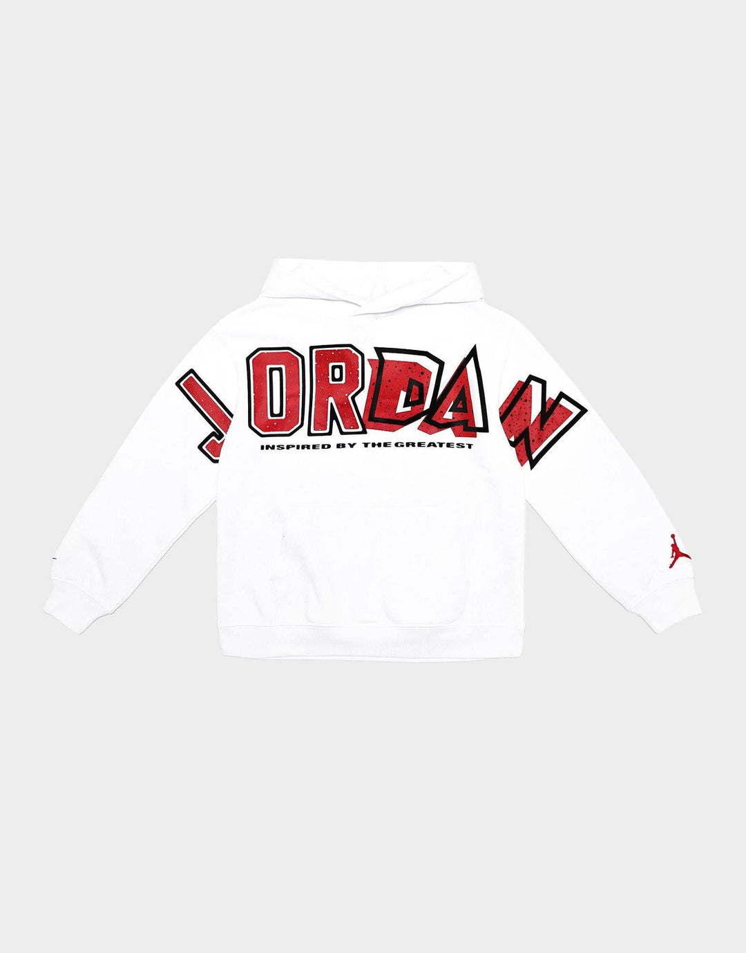 Kids' white Jordan hoodie with bold red logo and front pocket, laid flat on a plain background.