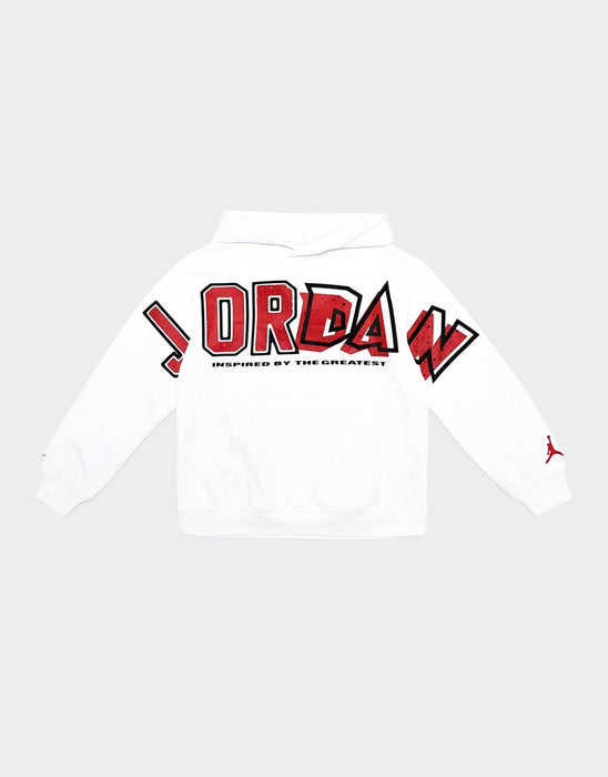 Kids' white Jordan hoodie with bold red logo and front pocket, laid flat on a plain background.