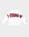 Kids' white Jordan hoodie with bold red logo and front pocket, laid flat on a plain background.