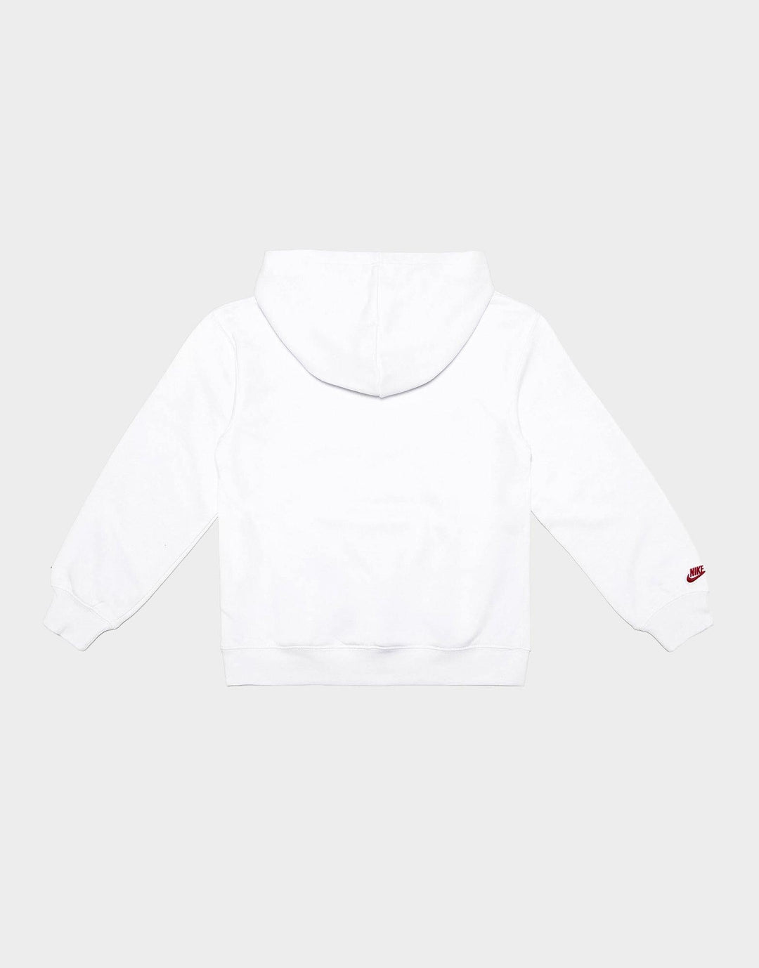 Nike white kids' hoodie shown flat from the back, with red logo on the sleeve.