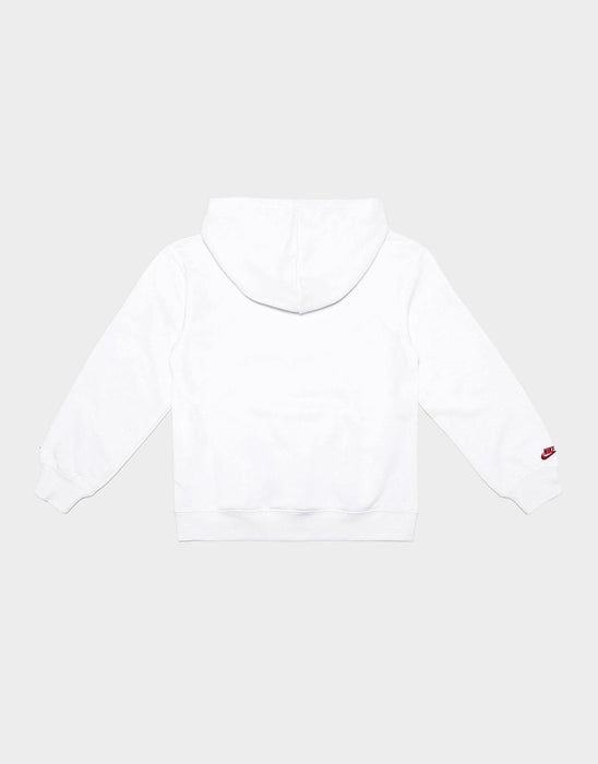 Nike white kids' hoodie shown flat from the back, with red logo on the sleeve.