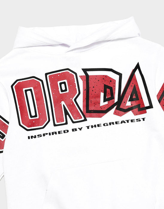 White kids' hoodie with bold red 'ORDA' graphic and 'Inspired by the Greatest' text on the back.