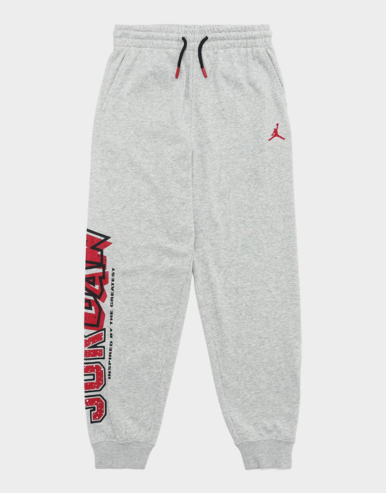 Jordan kids grey sweatpants with red logo and side print, displayed on a flat background.
