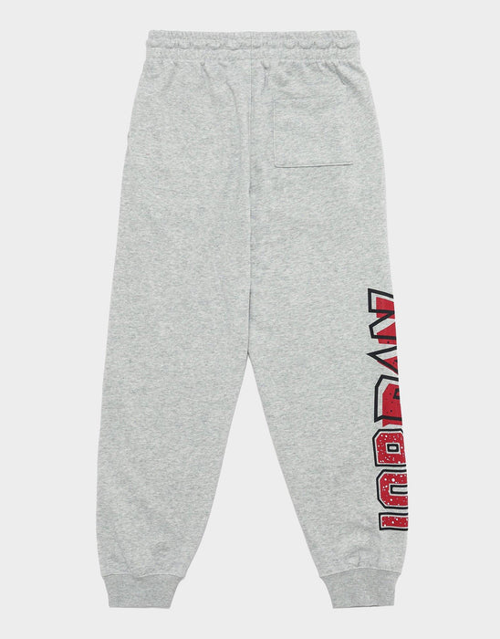 Jordan kids' grey jogger pants with red logo on leg, shown flat on a white background.