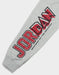 Jordan kids' grey sweatshirt sleeve with red and black graphic logo and ribbed cuff, laid flat.