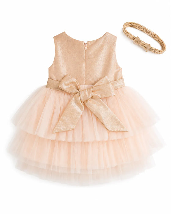 Jolene® Rose Gold Glitter Tulle Baby Dress with Bow & Headband Set Size 10-12