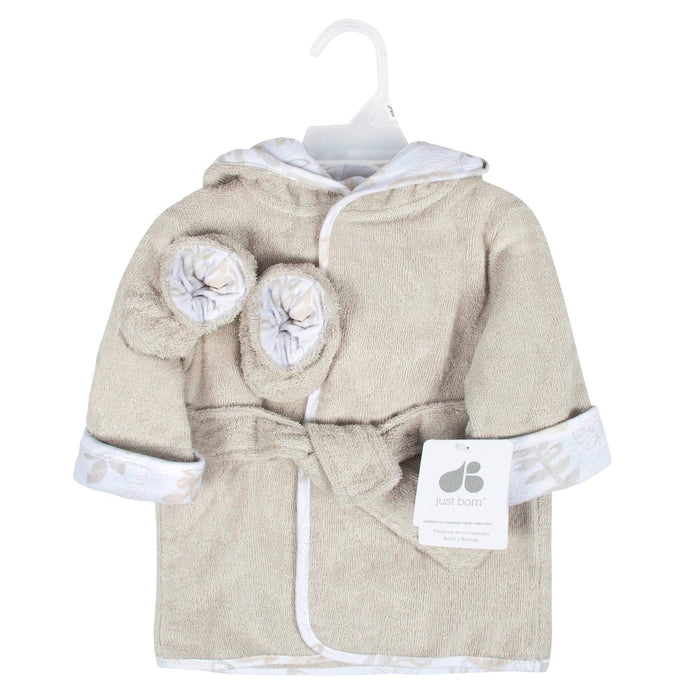 Just Born - Just Born 2 Piece Baby Neutral Natural Leaves Bathrobe & Booties Set