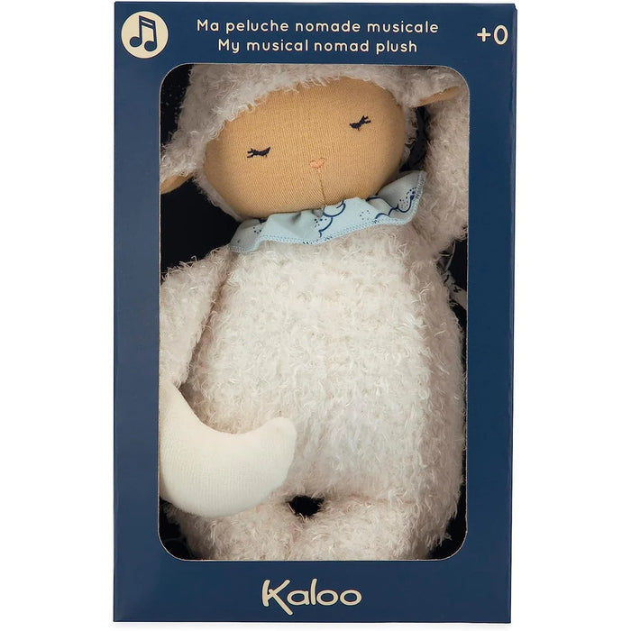 Kaloo Nomad Musical Sheep Plush Toy 20cm in a blue box with clear window packaging.