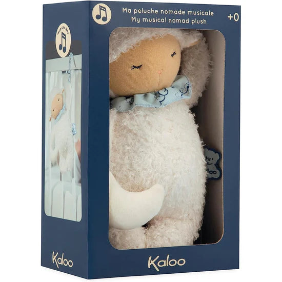 Kaloo Nomad Musical Sheep Plush Toy 20cm displayed in its original blue packaging box.