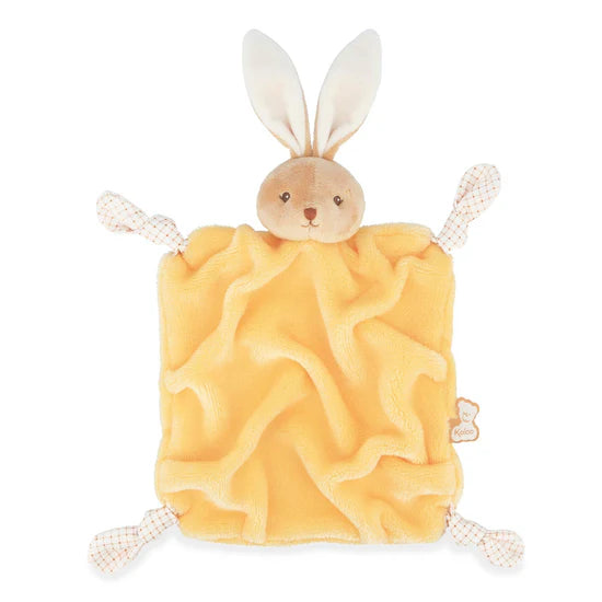 Kaloo yellow rabbit baby comforter 24cm plush toy with soft ears and knotted corners on white background.