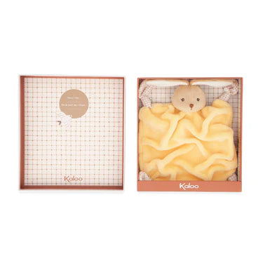 Kaloo yellow rabbit baby comforter displayed in an open gift box on a white background.