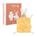 Kaloo yellow rabbit baby comforter with plush bunny head, shown in front of its gift box.