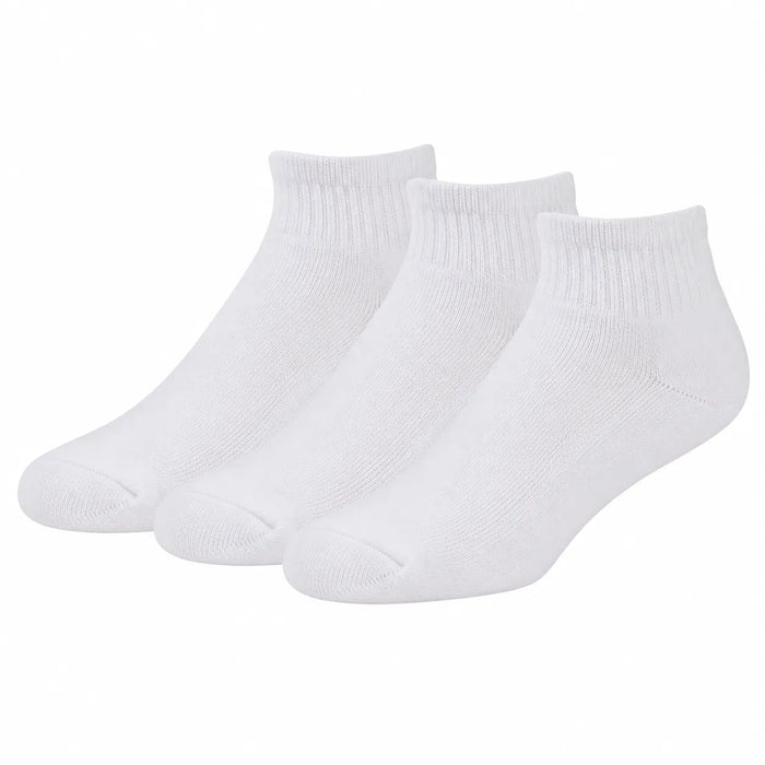 Men's quarter socks in white, shown in a pack of three on a plain white background.