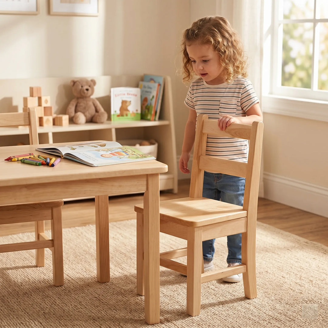 A warm, lifestyle photograph of the solid wood child's classroom chair placed at a matching table. A young girl is standing, smiling, and looking down at a book on the table, demonstrating the chair's size and function in a playroom setting.
