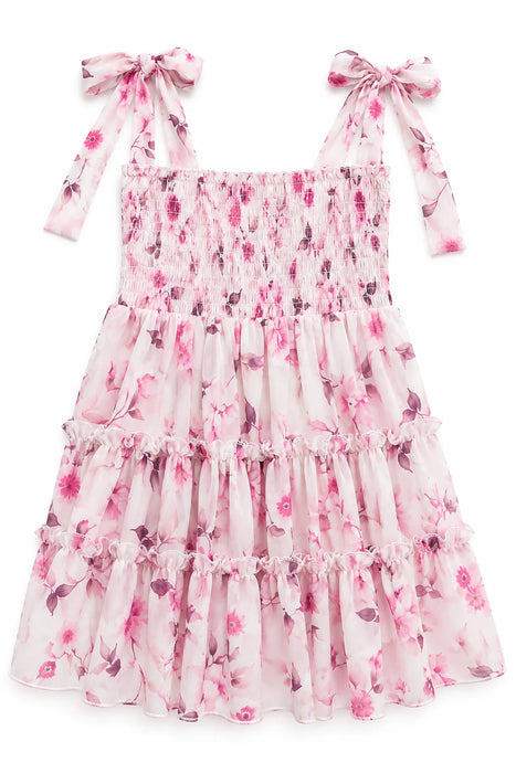 Kids Engergy® Floral Smocked Tie Shoulder Tiered Girls Dress Blue Orange Pink Sizes 1-8