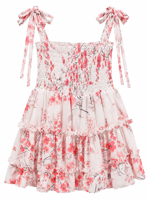 Kids Engergy® Floral Smocked Tie Shoulder Tiered Girls Dress Blue Orange Pink Sizes 1-8