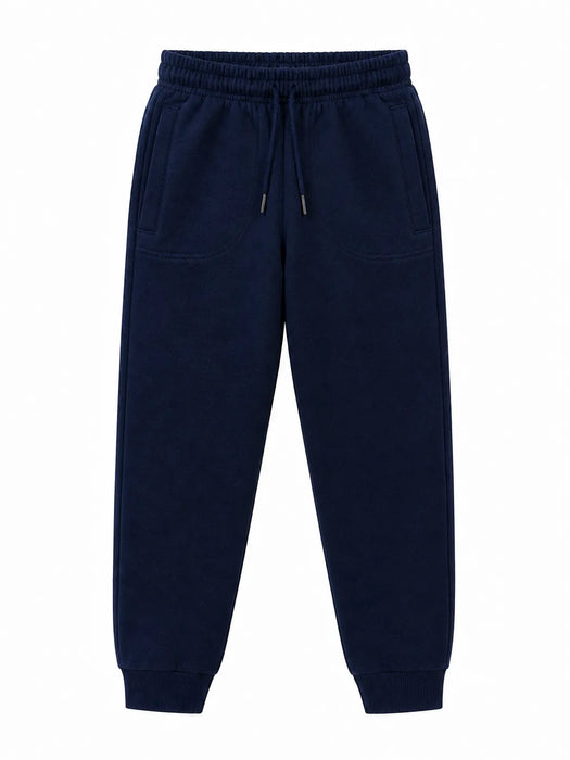 Kids energy fleece joggers in navy blue displayed flat on a white background.