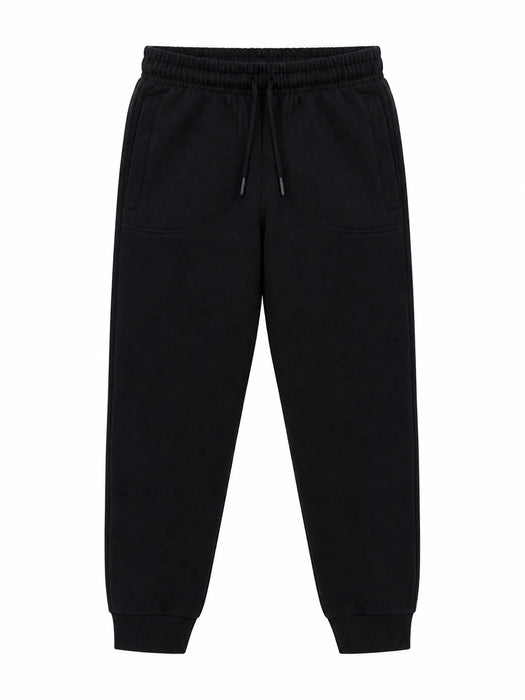 Kids energy fleece joggers in black shown flat on a white background.