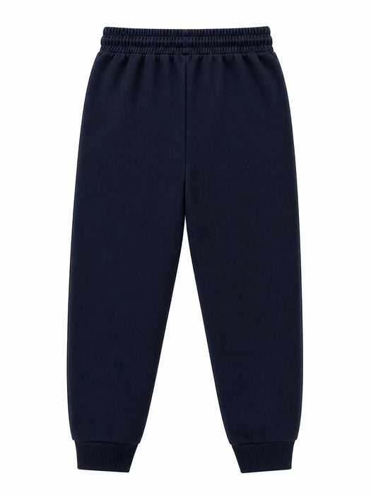 Kids energy fleece joggers in solid navy blue shown laid flat on a white background.