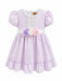 Kids Energy floral lilac dress with puff sleeves and flower belt shown on a plain white background.