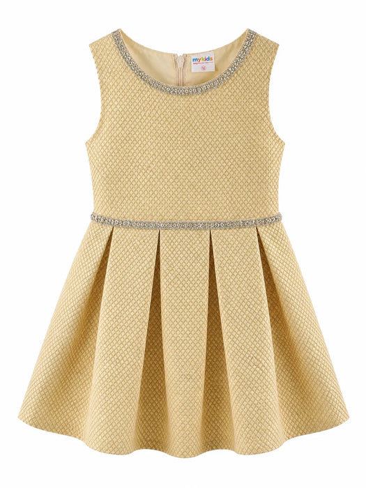 Kids Energy gold rhinestone textured dress displayed on a plain white background.