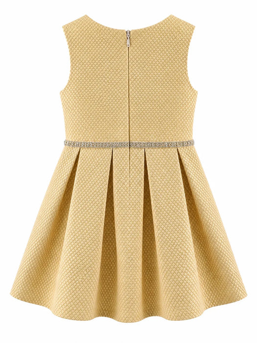 Kids Energy gold textured dress with rhinestone belt shown from the back on a white background.