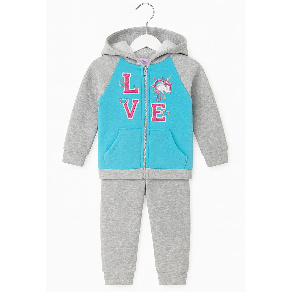 Kids Energy® - Kids Energy 3-Piece Jogger Set for Girls – Unicorn “LOVE” Hoodie, Tee & Joggers – Grey & Aqua (12M to 4T)