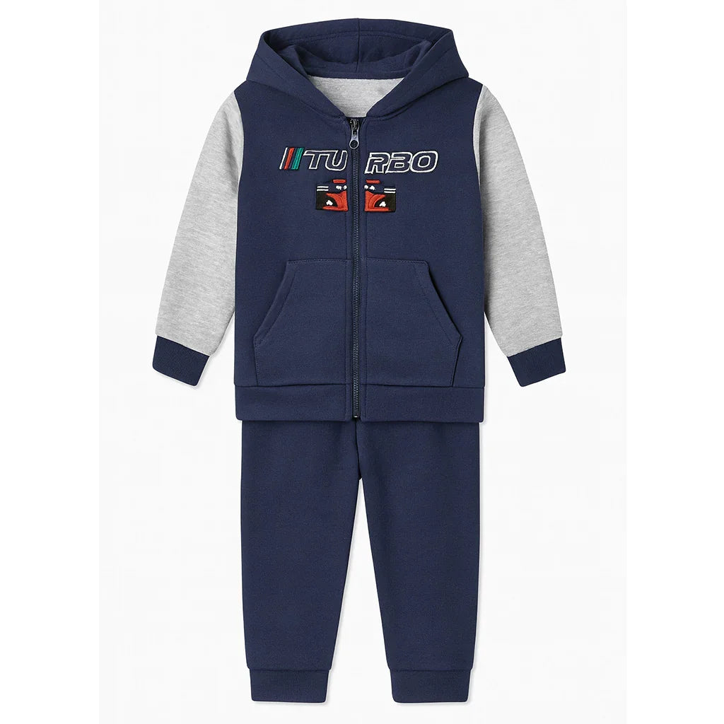 Kids Energy® - Kids Energy Boys' Jogger Set – “Turbo” Car Hoodie, Tee & Joggers – Navy & Grey (12M to 4T)