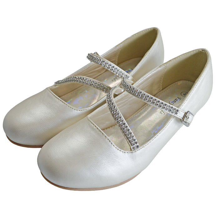 Kids Dress Shoes with Rhinestone Straps – White, Ivory & Black