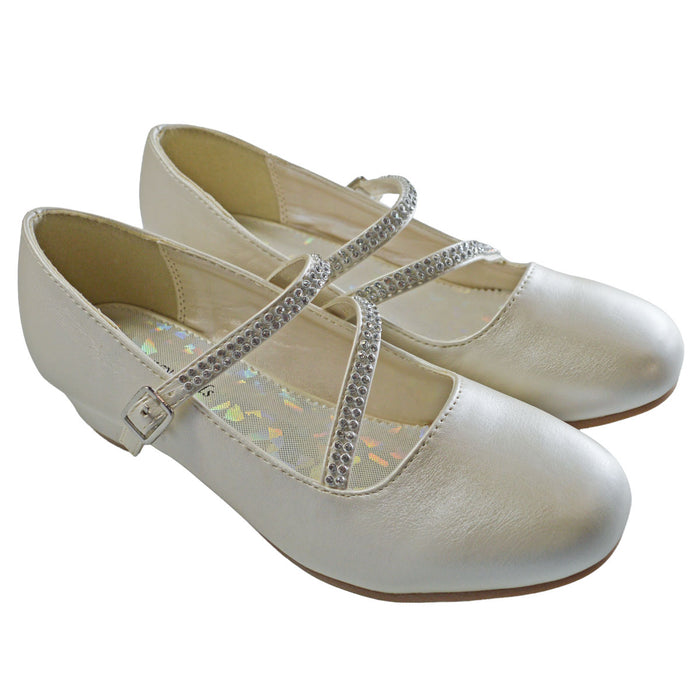 Kids Dress Shoes with Rhinestone Straps – White, Ivory & Black