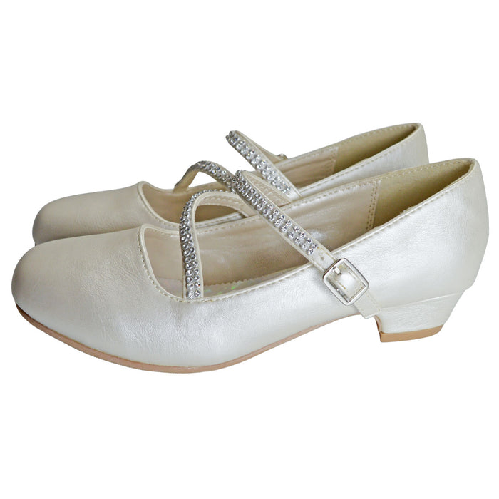 Kids Dress Shoes with Rhinestone Straps – White, Ivory & Black