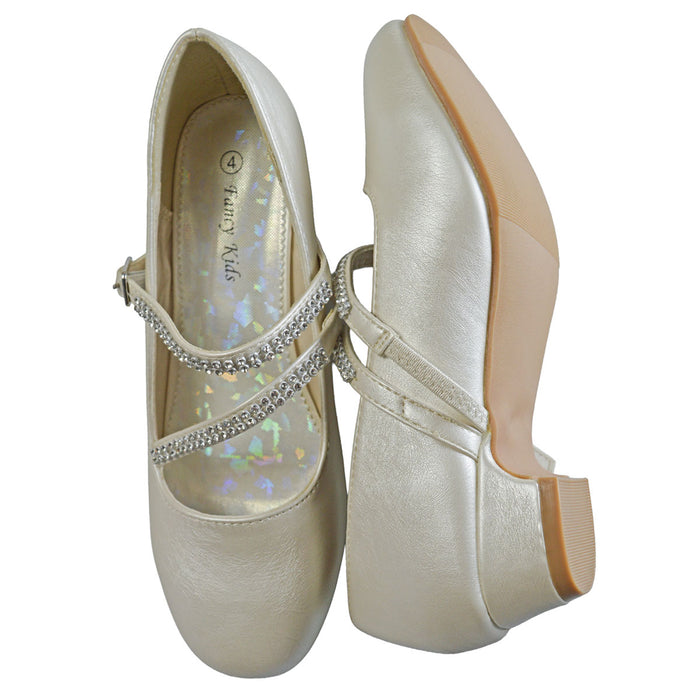 Kids Dress Shoes with Rhinestone Straps – White, Ivory & Black