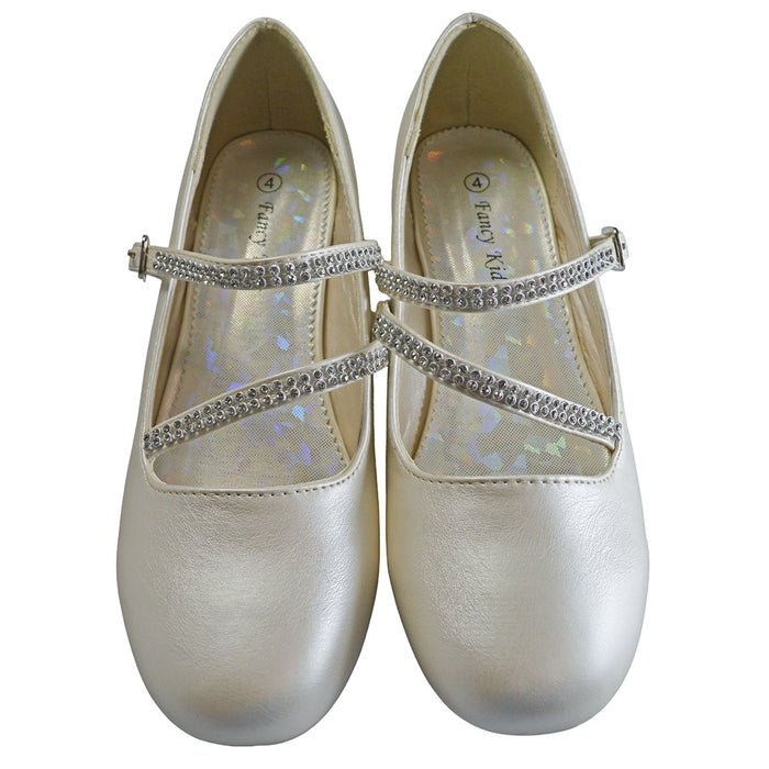 Kids Dress Shoes with Rhinestone Straps – White, Ivory & Black
