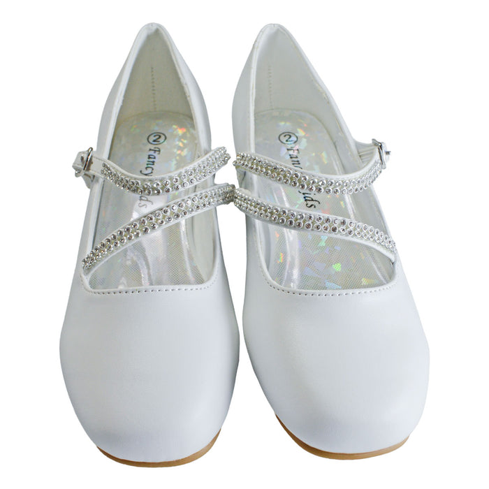 Kids Dress Shoes with Rhinestone Straps – White, Ivory & Black